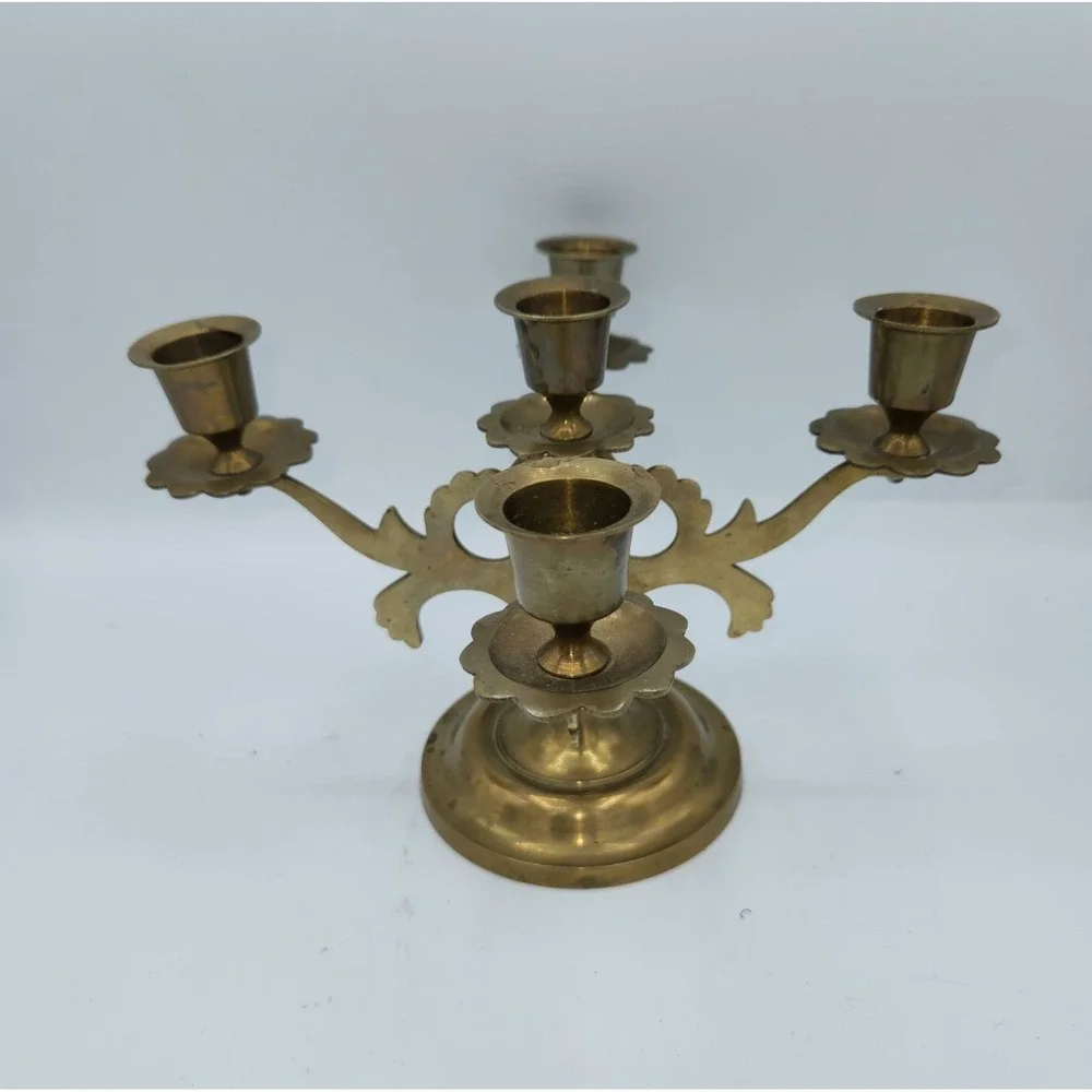 Vintage Solid Brass 5-Arm Candelabra Ornate Hand Crafted India Ornate Decorative